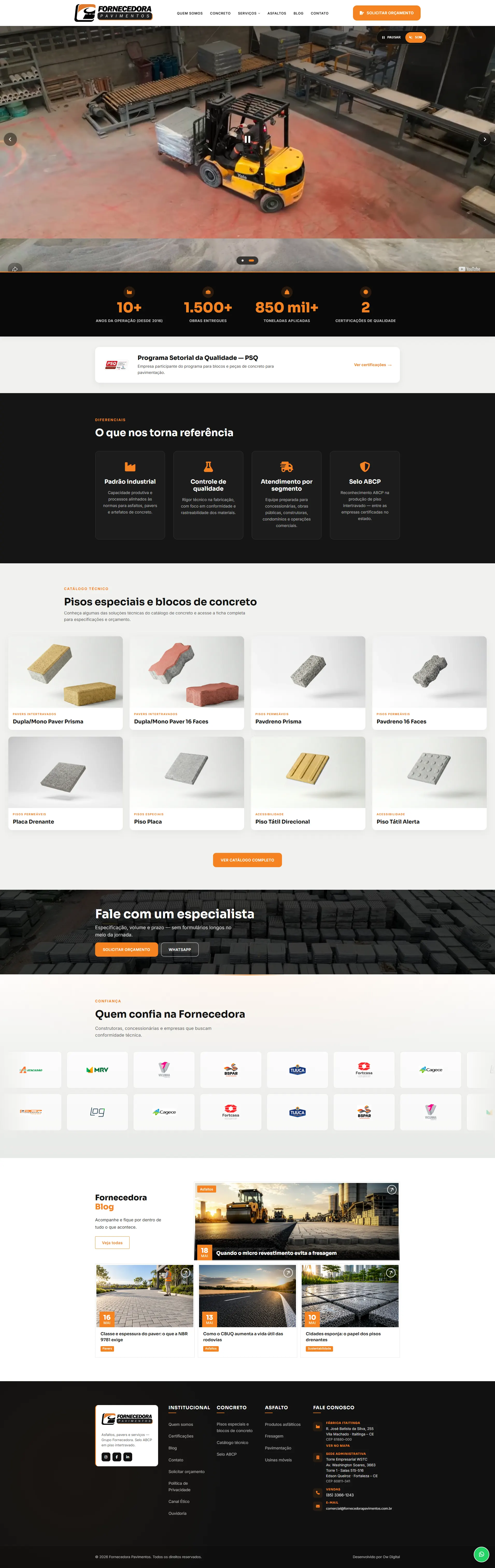 Captura completa da página inicial do site Fornecedora Pavimentos
